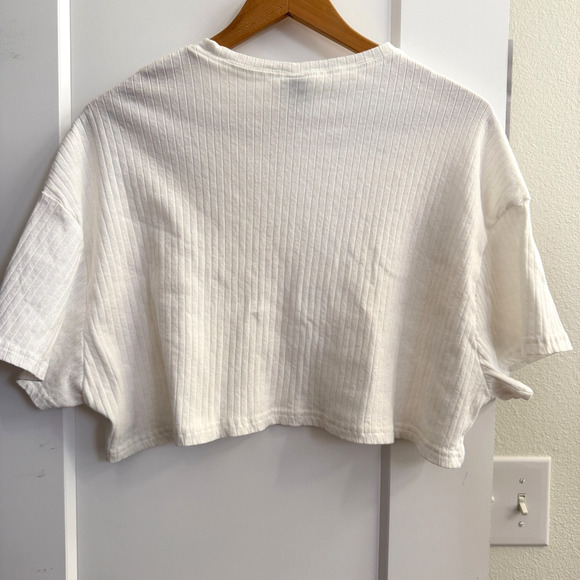 Cropped Ribbed Boxy White Tshirt Womens L with Stretch Top Casual - Picture 4 of 6
